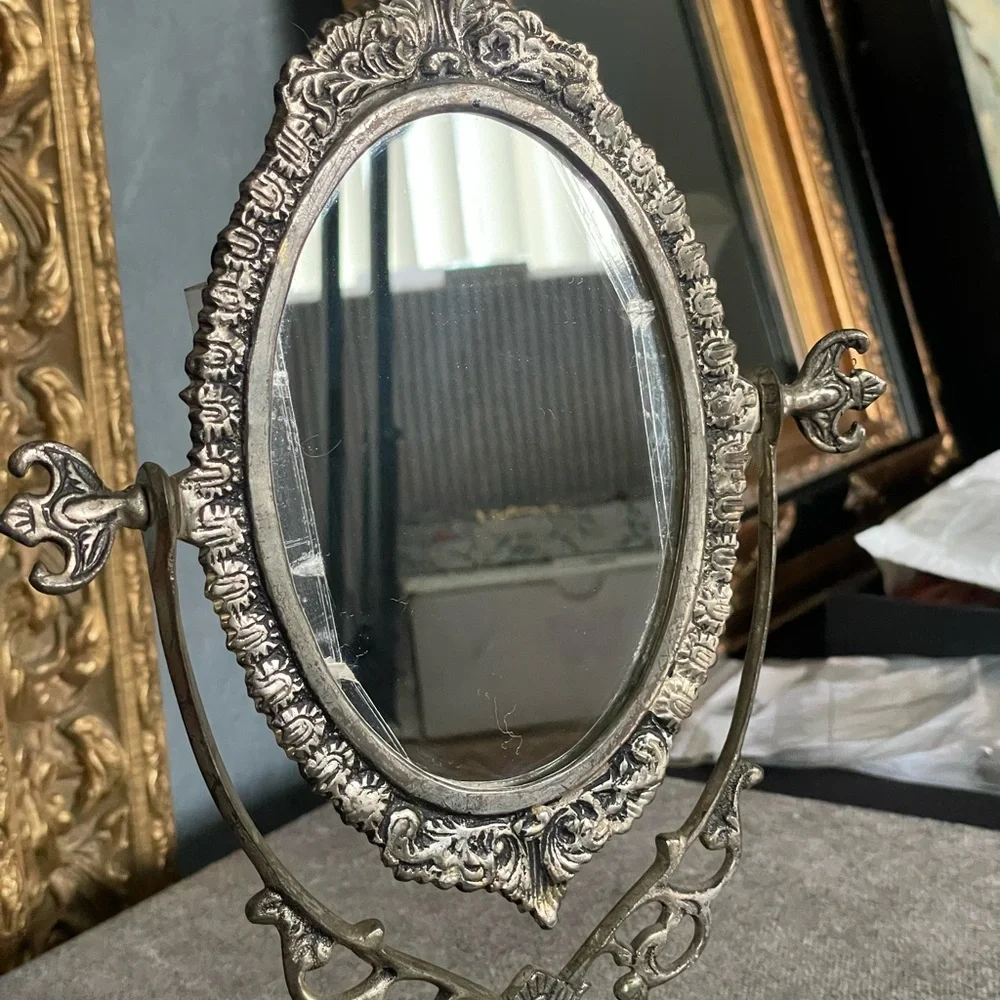 Vintage Ornate European Style Brass Toned Metal Vanity Mirror